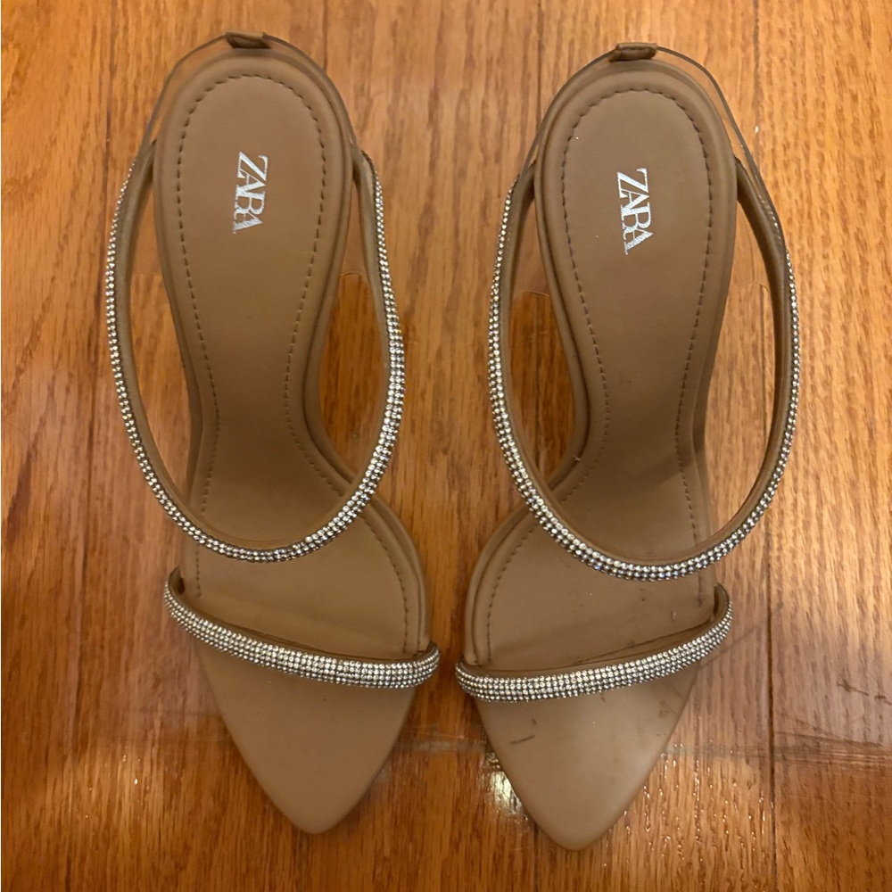 Zara Women's Beige Heels with Rhinestone Straps